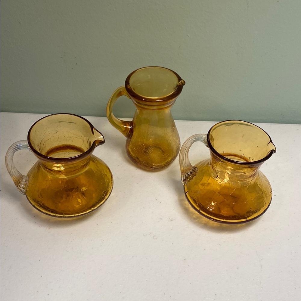 Vintage Amber Hand Blown Crackle Glass Pitcher Set of 3